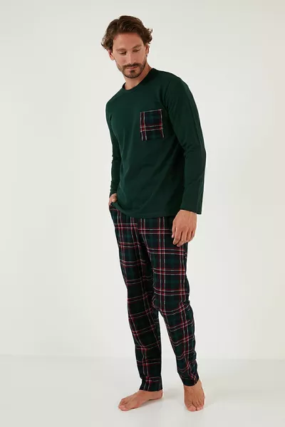 Plaid Pocket Elasticated Waist Cotton Regular Fit Pajama Set Men's Pajama Set 