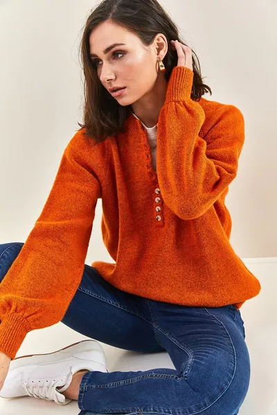 Damen Ausschnitt Knopfloch Rollkragenpullover Strickpullover