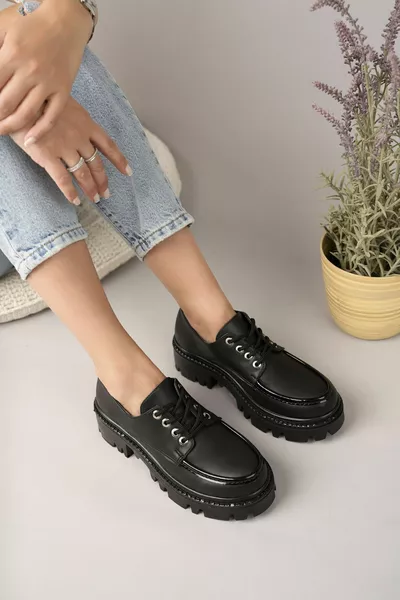 Women's Black Lace-Up Loafer Shoes