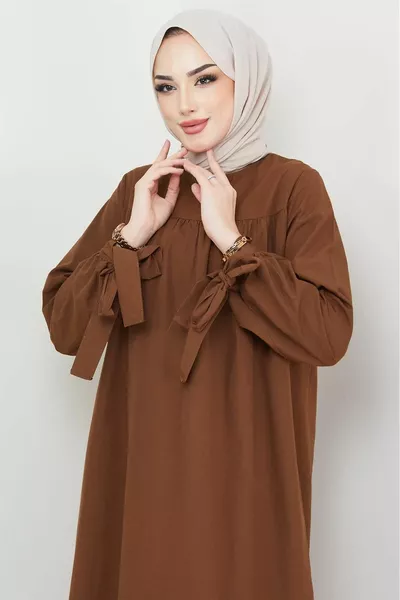 Yoked Sleeve Tie Dress Brown