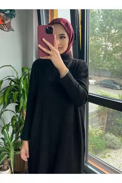 Oversized Loose Fit Halve Coltrui Geribbelde Gebreide Hijab Jurk Tussen Maat 
