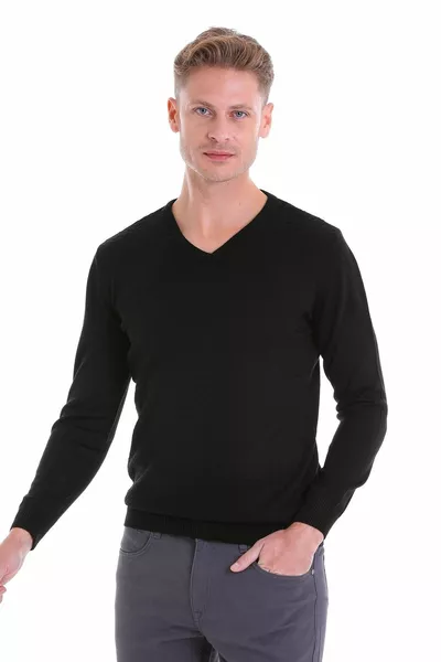 الرجال أسود صالح العادية منقوشة الخامس الرقبة سترة متماسكة