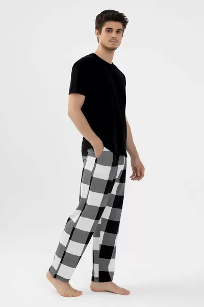 Men's Short Sleeve Cotton Plaid Patterned Pajama Set