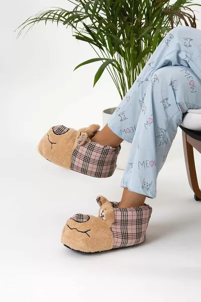 Beige Plaid Animal Silent Sole Panduf Mignon Chien Figure Peluche Maison Chaussures