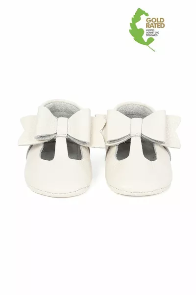 Genuine Leather Cream Ribbon Detailed Baby Booties