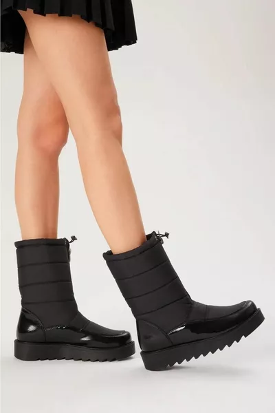 Women's Inner Fur Waterproof Black Patent Leather Snow Boots