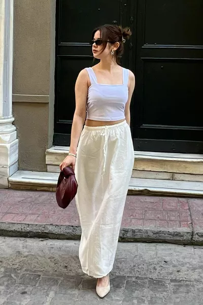 Long Women's Skirt with Elasticated White Waist 