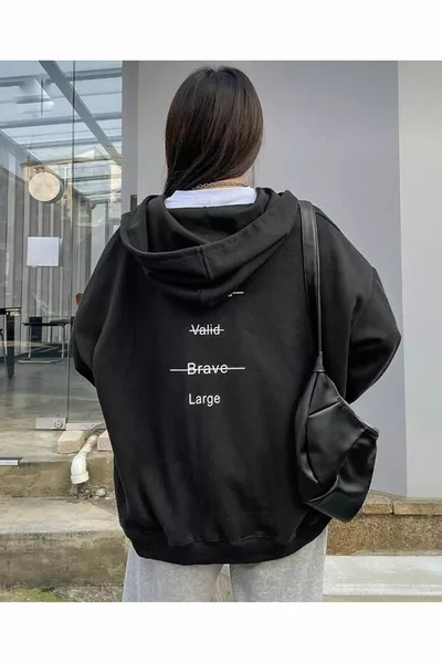 Hooded Back Printed Black Zippered Cardigan