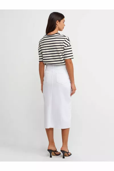  White Denim Skirt with Deep Slit-White
