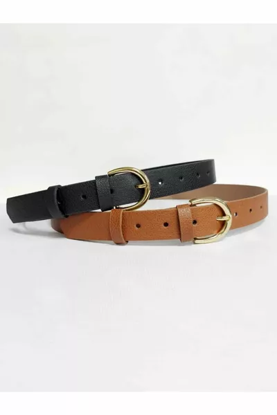 طقم حزام مزدوج باللون الأسود والأسمر باللون الذهبي للسيدات