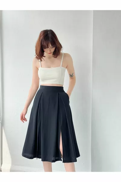 تنورة عالية الخصر (مع جيوب) أسود نسائي