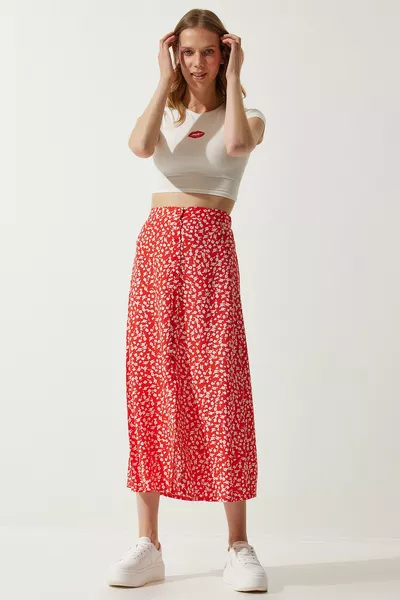 تنورة نسائية بشق فسكوزي منقوش باللون البرتقالي 