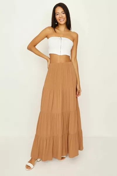 Дамска кафява макси пола с еластична талия