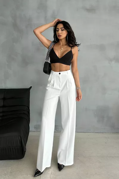 Pantaloni Palazzo Bianco in Tessuto Plissettato