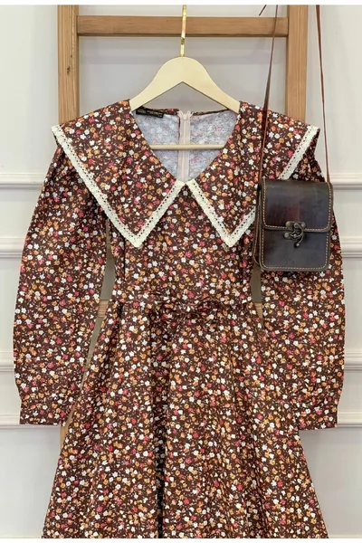 خمر خط العنق الكبير البني الأزهار طويلة الأكمام فستان متوهج