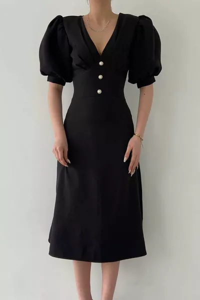 المرأة السوداء الخامس الرقبة بالون أزرار أكمام مفصلة متوسطة الطول اللباس