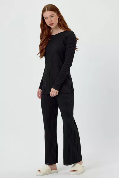 Women's Seasonal Long Sleeve Corduroy Black Pajama Set