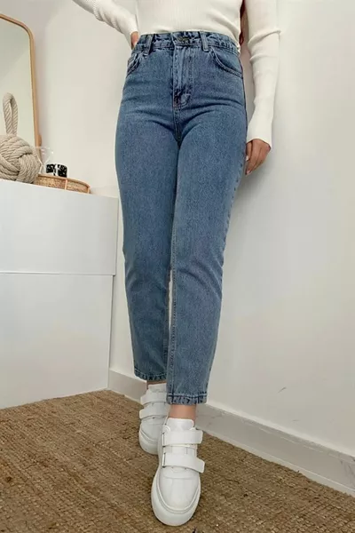 Tanya Indaco Blu Neve Mamma Jeans Vita Alta Dettaglio Boyfriend Jeans Blu