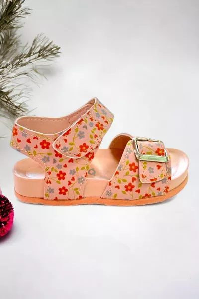 Rosa Sandalen für Mädchen mit Blumendruck und Schnalle