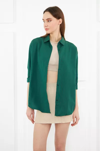 قميص نسائي أخضر داكن كبير الحجم طويل أساسي