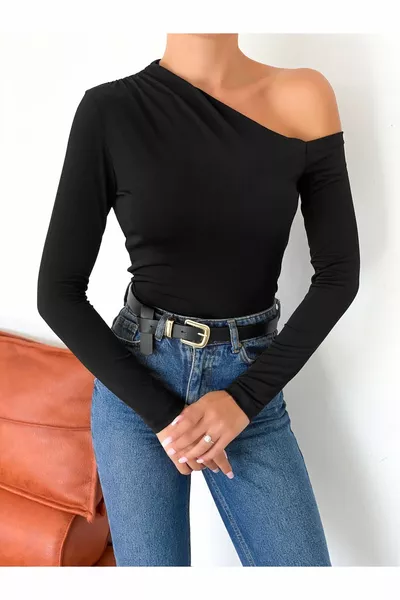 المرأة السوداء واحدة الكتف مفتوحة كم طويل ساندي النسيج محبوك بلوزة