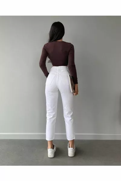 Mom Jeans Lycra Weiße Jeans mit hoher Taille (NICHT INNEN ZU SEHEN)