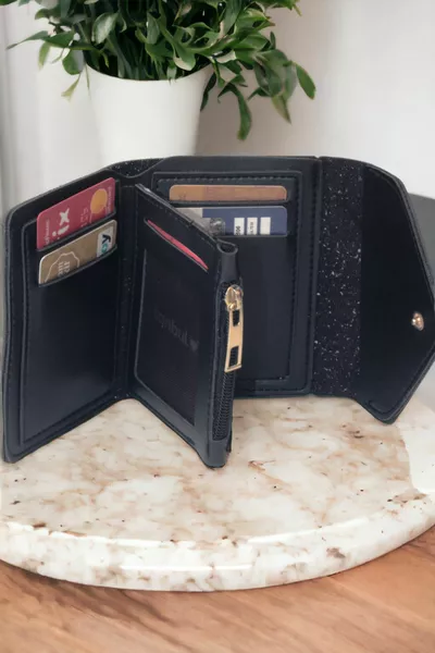 Женский мягкий кожаный стильный черный держатель для кошельков с кнопкой и молнией