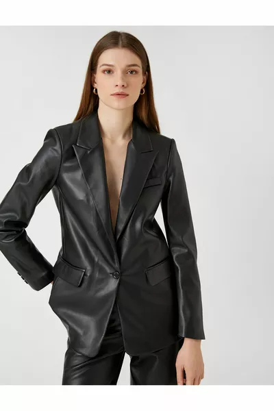 Suni Deri Blazer Ceket Cep Detaylı Tek Düğmeli