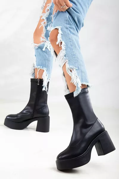 Cindy Stretch Heels Platform Dames Laarzen Zwart Huid