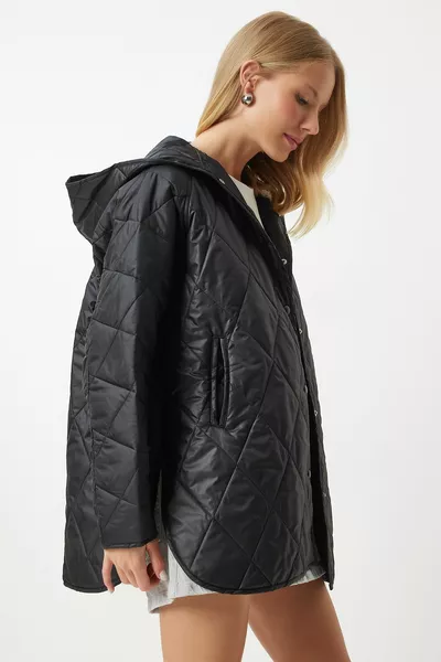 Manteau oversize matelassé à capuche noir pour femme  