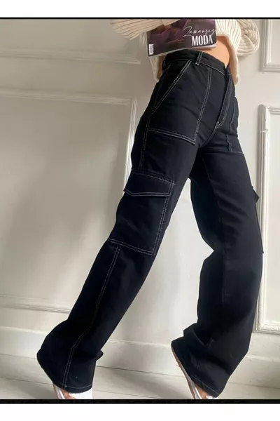 صفح أبيض مخيط عالية الخصر رث البضائع جيب Palazzo جينز