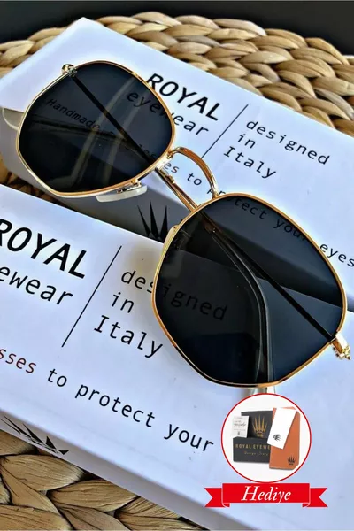 نظارة شمسية للنساء والرجال  زجاج CE مصدق ذهبي أسود هكساو (مقبض أسود)
