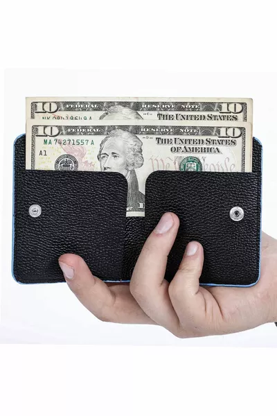 حامل بطاقة محفظة جلدية سوداء زرقاء مع مقصورة عملات معدنية