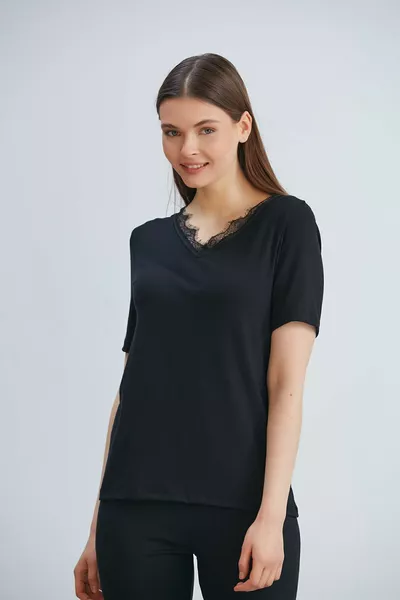 Combed Viscose Lace Short Sleeve Pajama Set Women Black