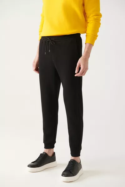 الرجال الأسود بنطال رياضي 3 خيط الخصر الدانتيل متابعة الساق مطاط تناسب العادية 