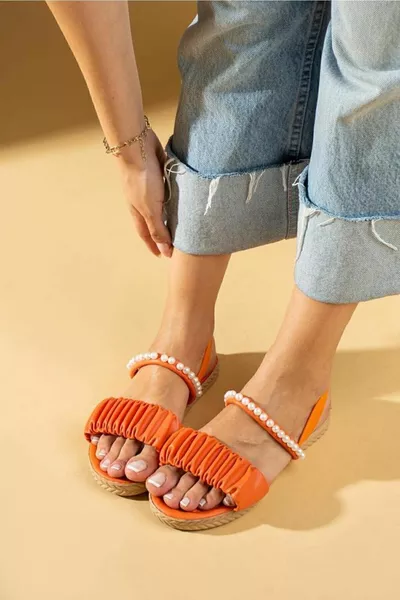 Orange pearl stone drawstring sandals