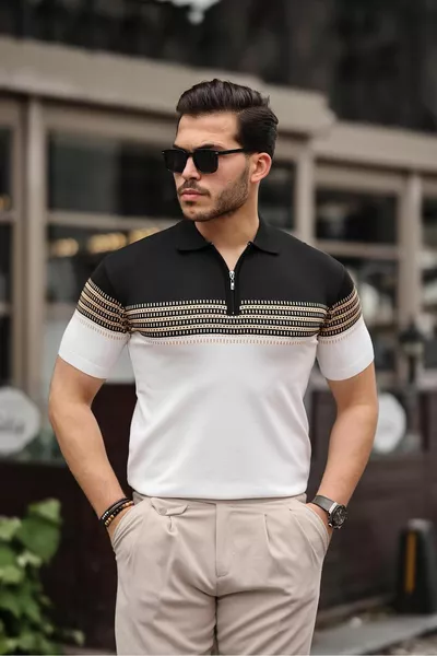 Black and White Zippered Knitwear Polo Neck T-Shirt- 