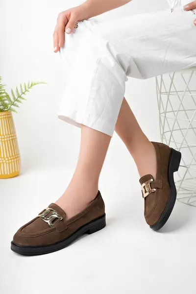 جلد سويدي طبيعي مشبك بني أحذية نسائية