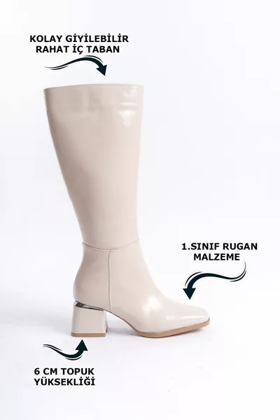 Dames lakleer crème hakken onder de knie glanzende gedetailleerde ritssluiting glanzende lange laarzen