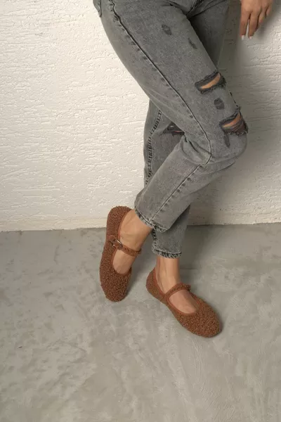 Vrouwen Bruin Mary Jane Teddy Pluche Enkele Band Casual Ballerina Ballerina Ballerina's 