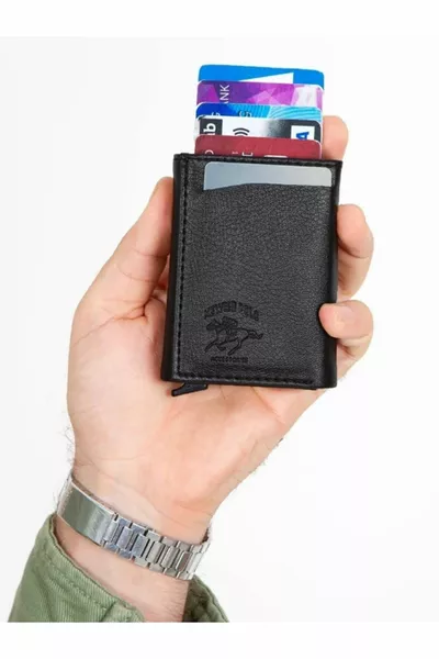 محفظة حامل بطاقة منزلقة أوتوماتيكية من الجلد الأسود للجنسين مع 8 مقصورات للبطاقات (CM)