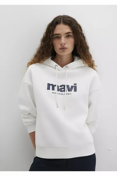 Logo Baskılı Kapüşonlu Ekru Sweatshirt 