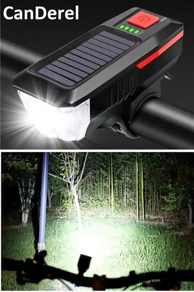 ضوء دراجة بالطاقة الشمسية، مصباح أمامي للدراجة، بوق الدراجة، مقاوم للماء، مصباح قابل لإعادة الشحن عبر USB بالطاقة الشمسية