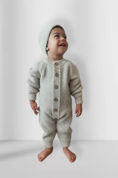 طقم حديثي الولادة الصوفية مع قبعة بكبسات للبنات/الأولاد - حليب القهوة