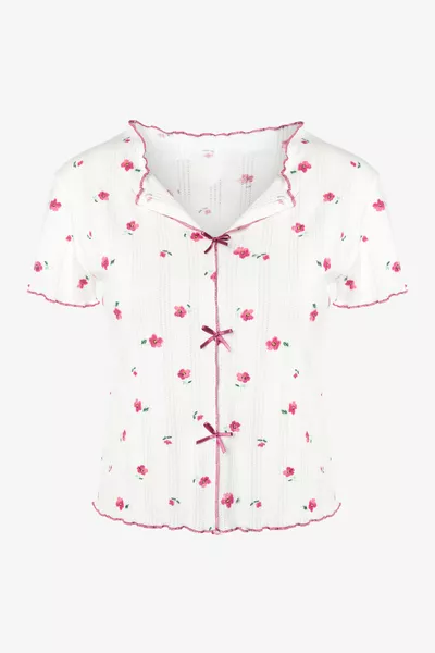 Women's Floral Print Bow Ribbed Short Sleeve Shorts Set