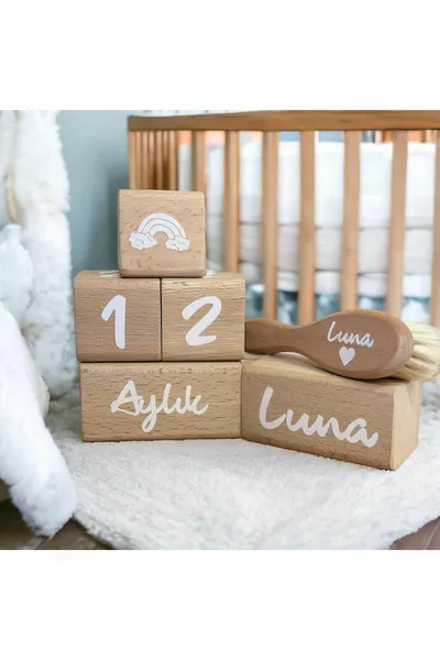 Personalized Natural Baby Comb and Wooden Memory Cube Set Baby Gift Care Photo Newborn