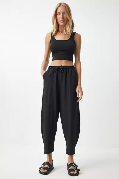 Pantalon Chinois en Lin et Viscose Noir pour Femme avec Poches 