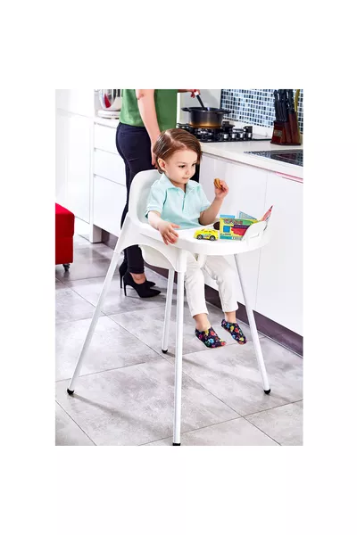 كرسي طعام للأطفال مع صينية، أبيض، بساق معدنية