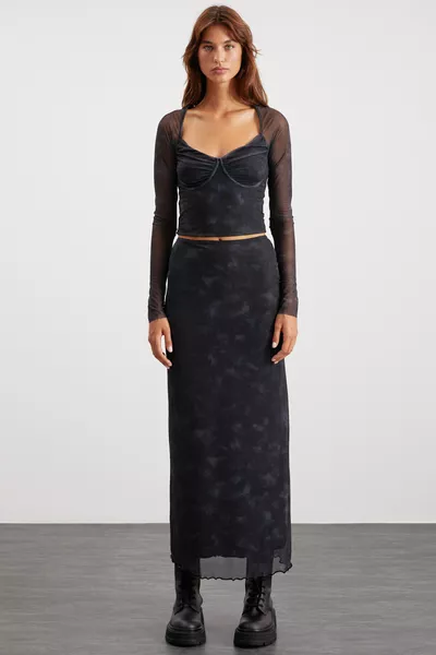 تنورة بيوله للنساء بطول ماكسي مطاط عند الخصر مع تول بلون رمادي غامق