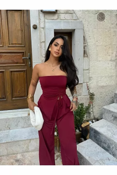 Femmes Couleur Bourgogne Sans Bretelles Cordon De Serrage Chemisier Shabby Pantalon Décontracté Double Set